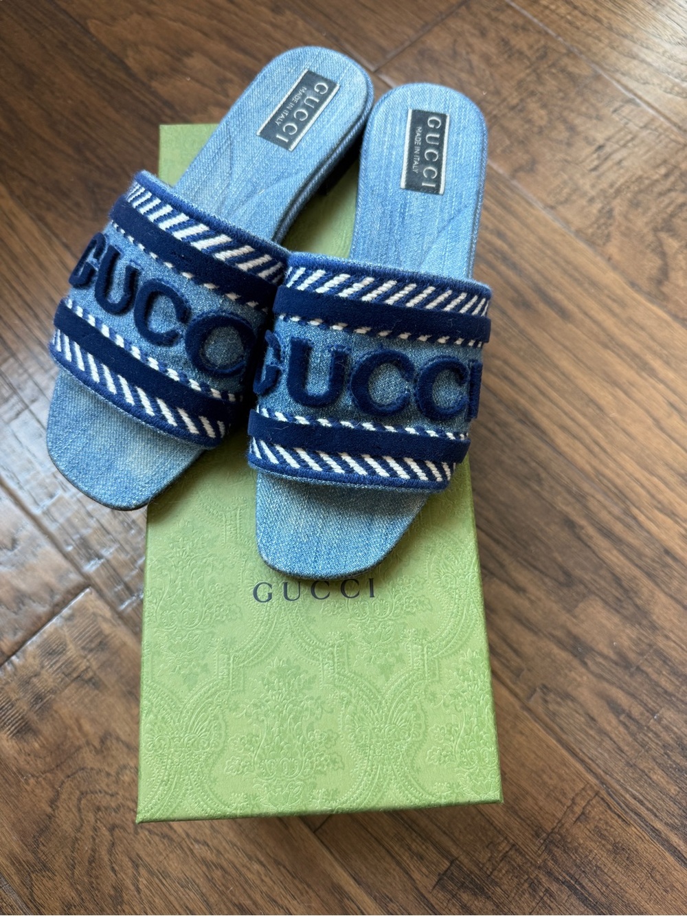 Gucci Denim Blue Embroidered Logo Slide Sandals